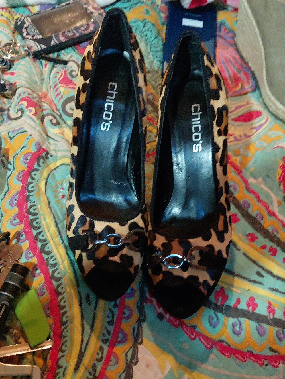 Chico's Leopard Print Open-Toe Pumps in Black and Tan
